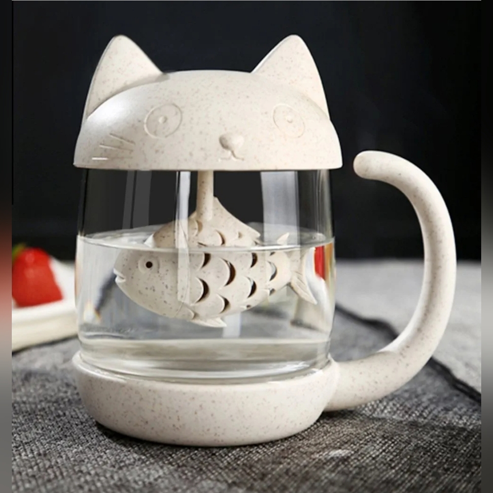 Cat-Shaped Cream‎ Mug with Fish Infuser